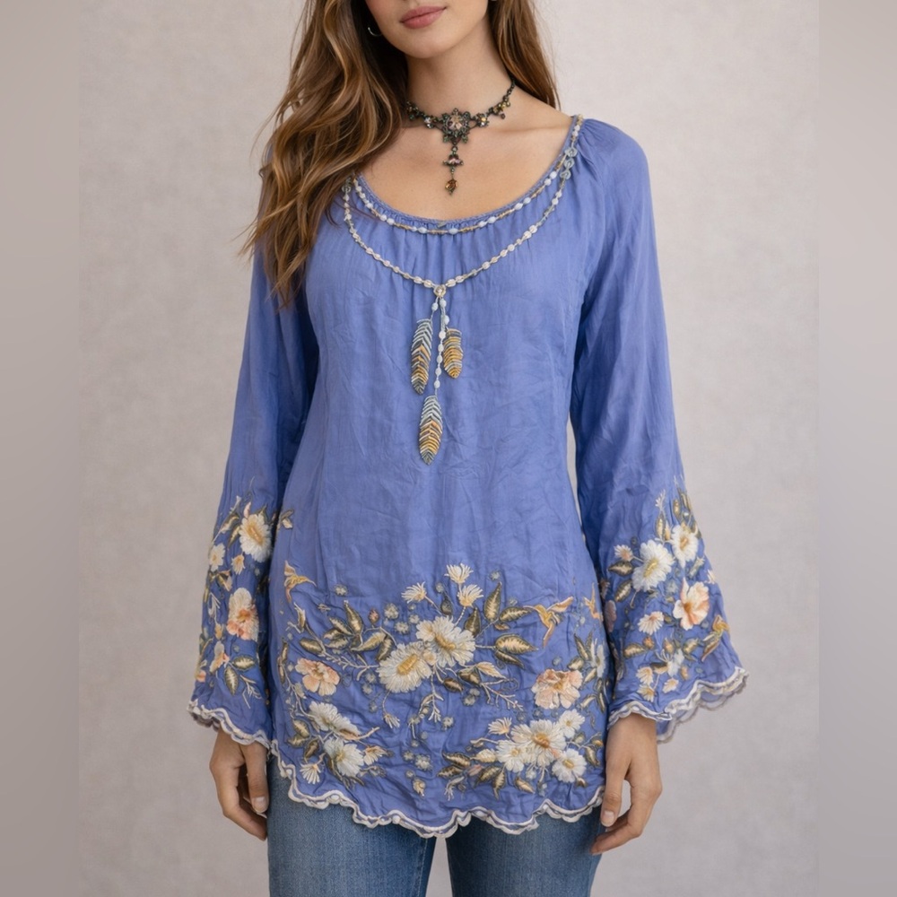 Johnny Was Rare Periwinkle Blue Embroidered Boho Blouse Bell Sleeve Tunic Size M